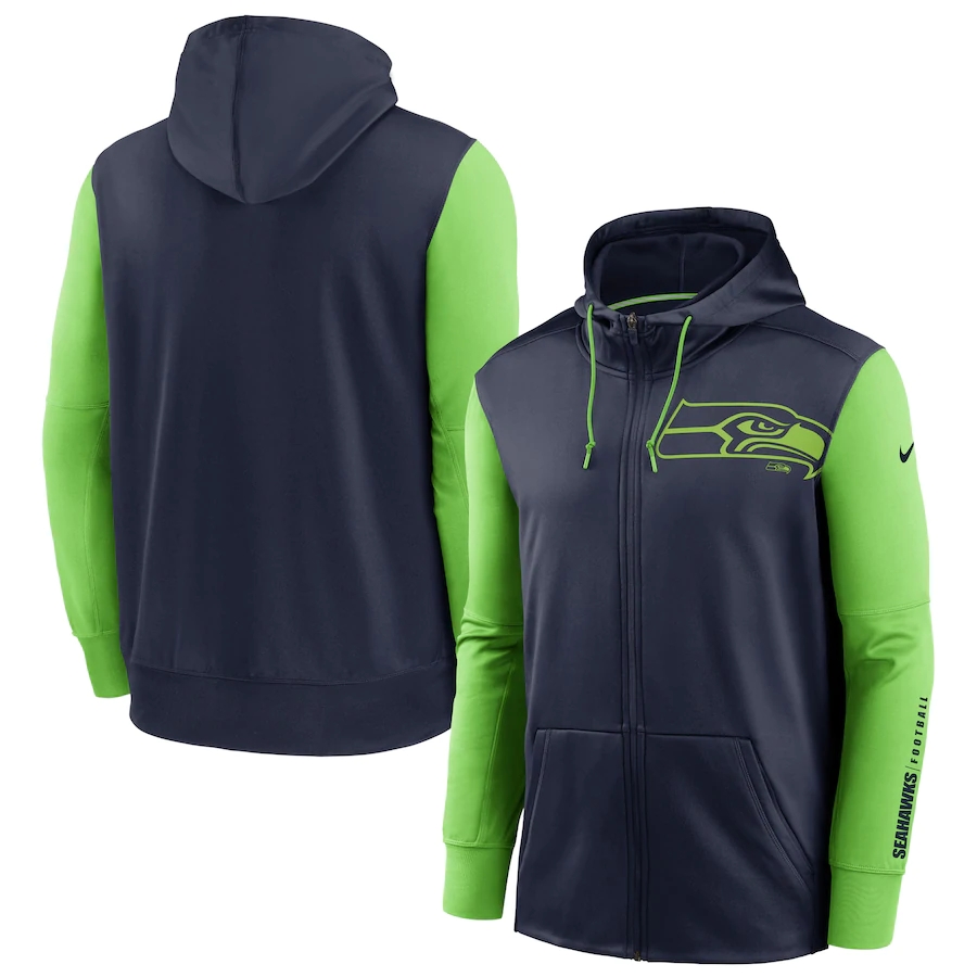 NFL Nike Seattle Seahawks College Navy Neon Green Fan Gear Mascot Performance FullZip Hoodie